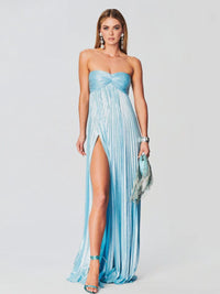 Women's Pleated Metallic Maxi Dress with Twist Front and Side Split - Maisie London