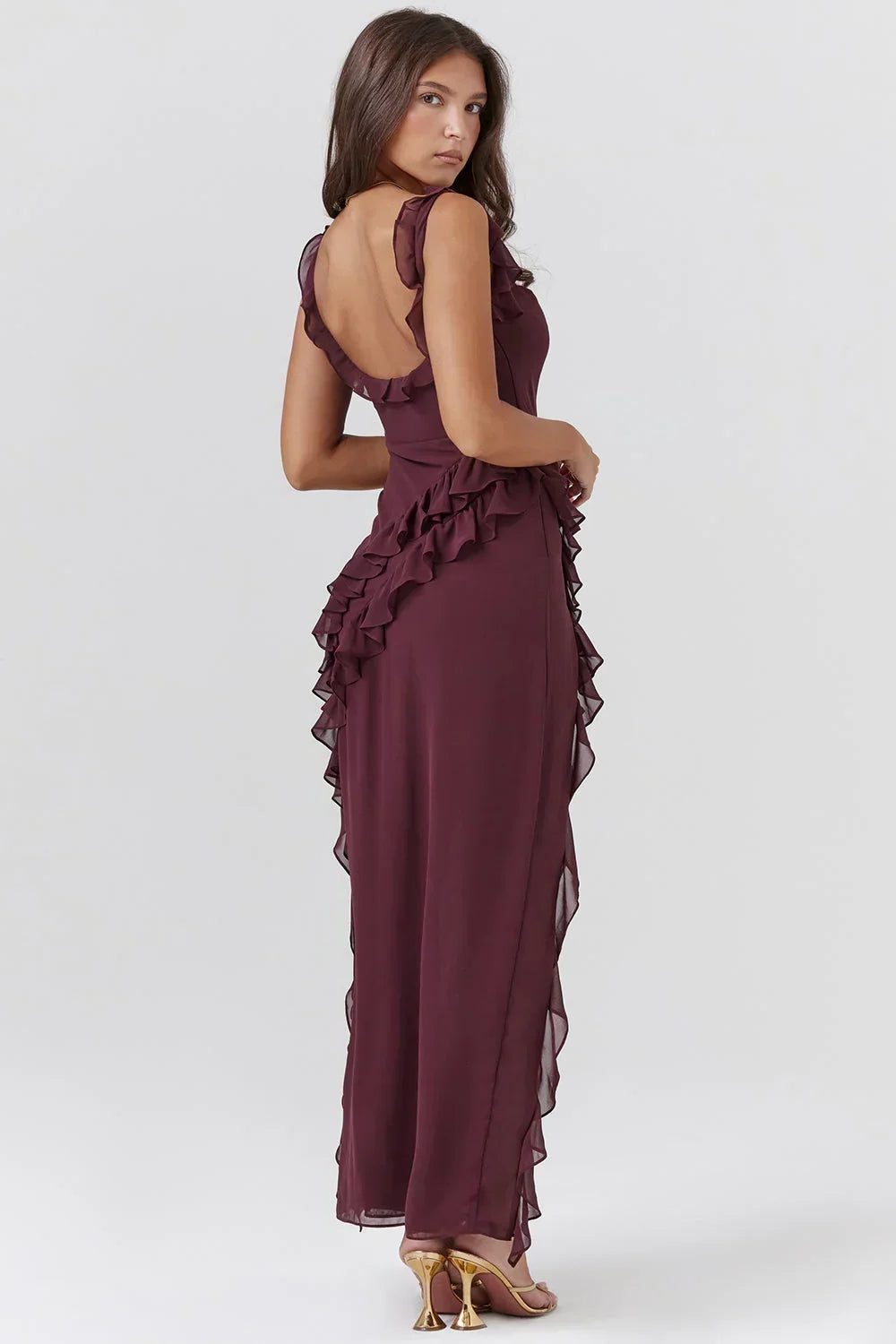Women's Chiffon Ruffle Maxi Dress with Square Neck and Side Slit - Maisie London