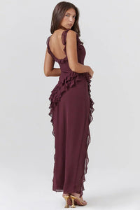 Women's Chiffon Ruffle Maxi Dress with Square Neck and Side Slit - Maisie London
