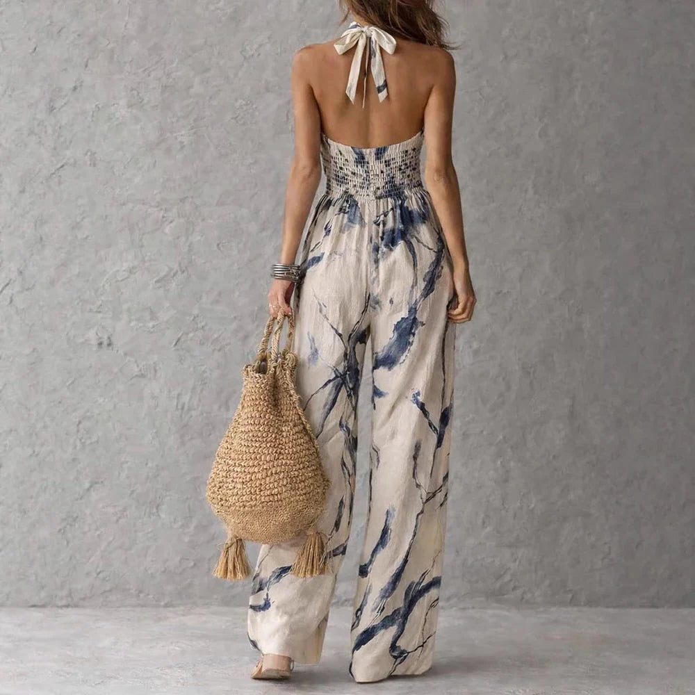 Women's Linen-Look Wide-Leg Jumpsuit with Halterneck and Pockets - Maisie London