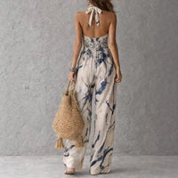 Women's Linen-Look Wide-Leg Jumpsuit with Halterneck and Pockets - Maisie London