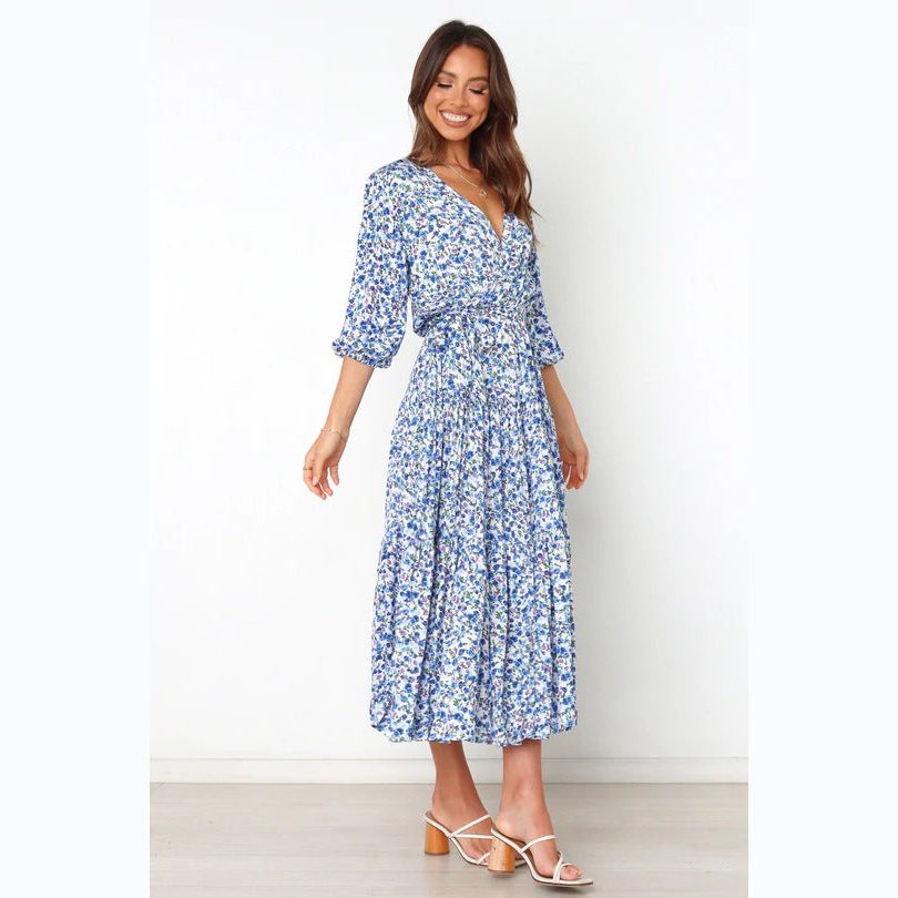Women's Blue Floral Midi Dress with Wrap V-Neck and Tie Waist - Maisie London
