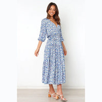 Women's Blue Floral Midi Dress with Wrap V-Neck and Tie Waist - Maisie London