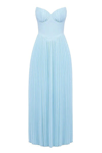 Women's Sky Blue Pleated Maxi Dress with Bustier Bodice - Maisie London