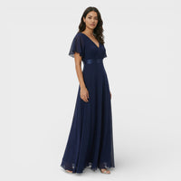 Women's Chiffon V-Neck Maxi Dress with Flutter Sleeves and Pleats - Maisie London