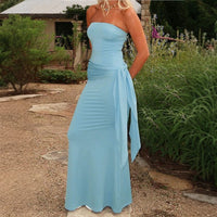 Women's Light Blue Jersey Maxi Dress with Ruched Waist and Tie - Maisie London