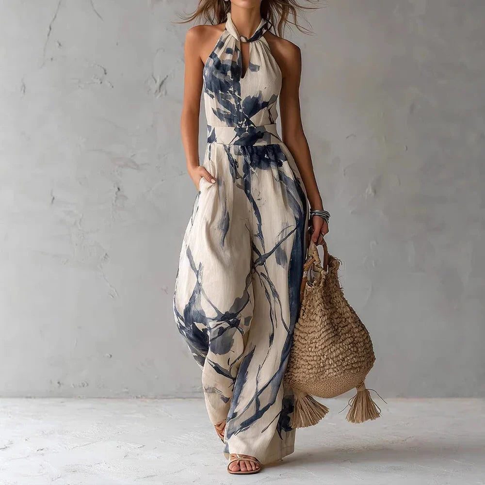 Women's Linen-Look Wide-Leg Jumpsuit with Halterneck and Pockets - Maisie London
