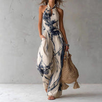 Women's Linen-Look Wide-Leg Jumpsuit with Halterneck and Pockets - Maisie London