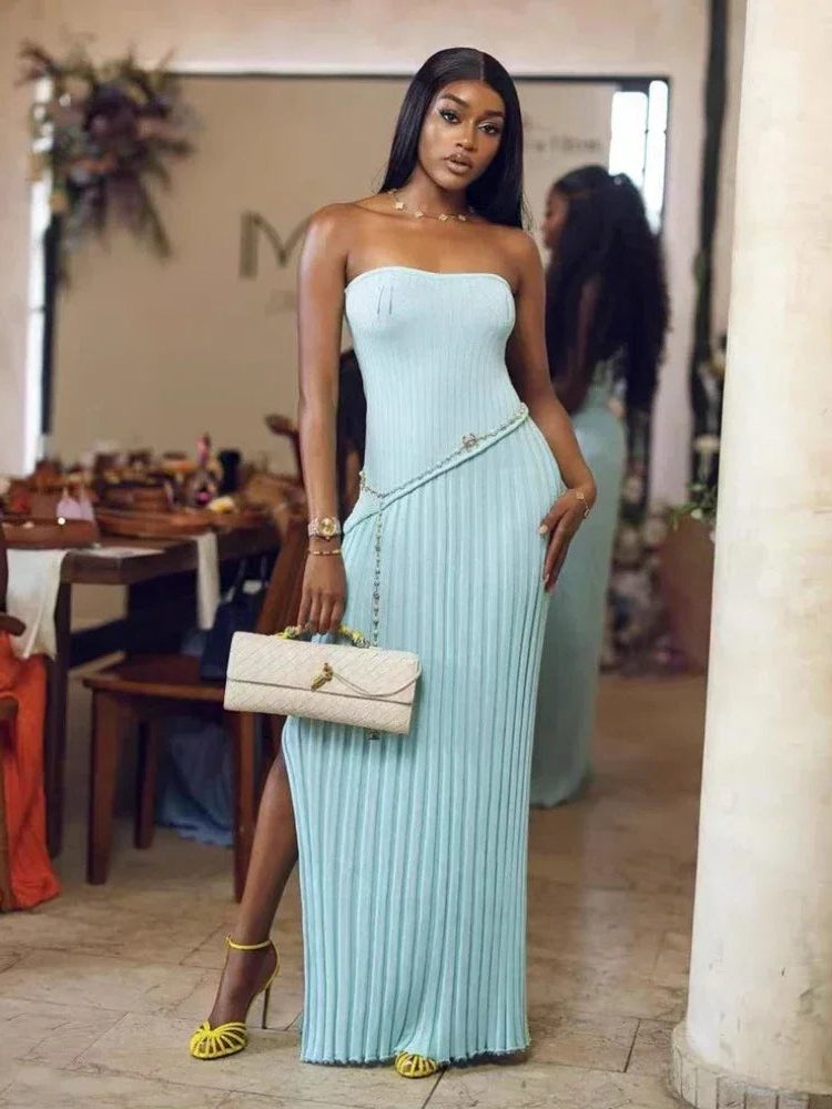 Women's Blue Ribbed Knit Strapless Maxi Dress with Chain Waist - Maisie London
