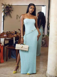 Women's Blue Ribbed Knit Strapless Maxi Dress with Chain Waist - Maisie London