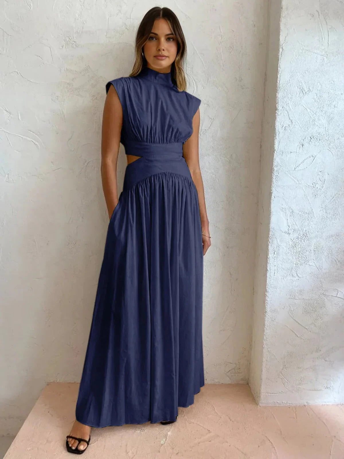 Women's Sleeveless Maxi Dress with High Collar and Waist Cut-Outs - Maisie London