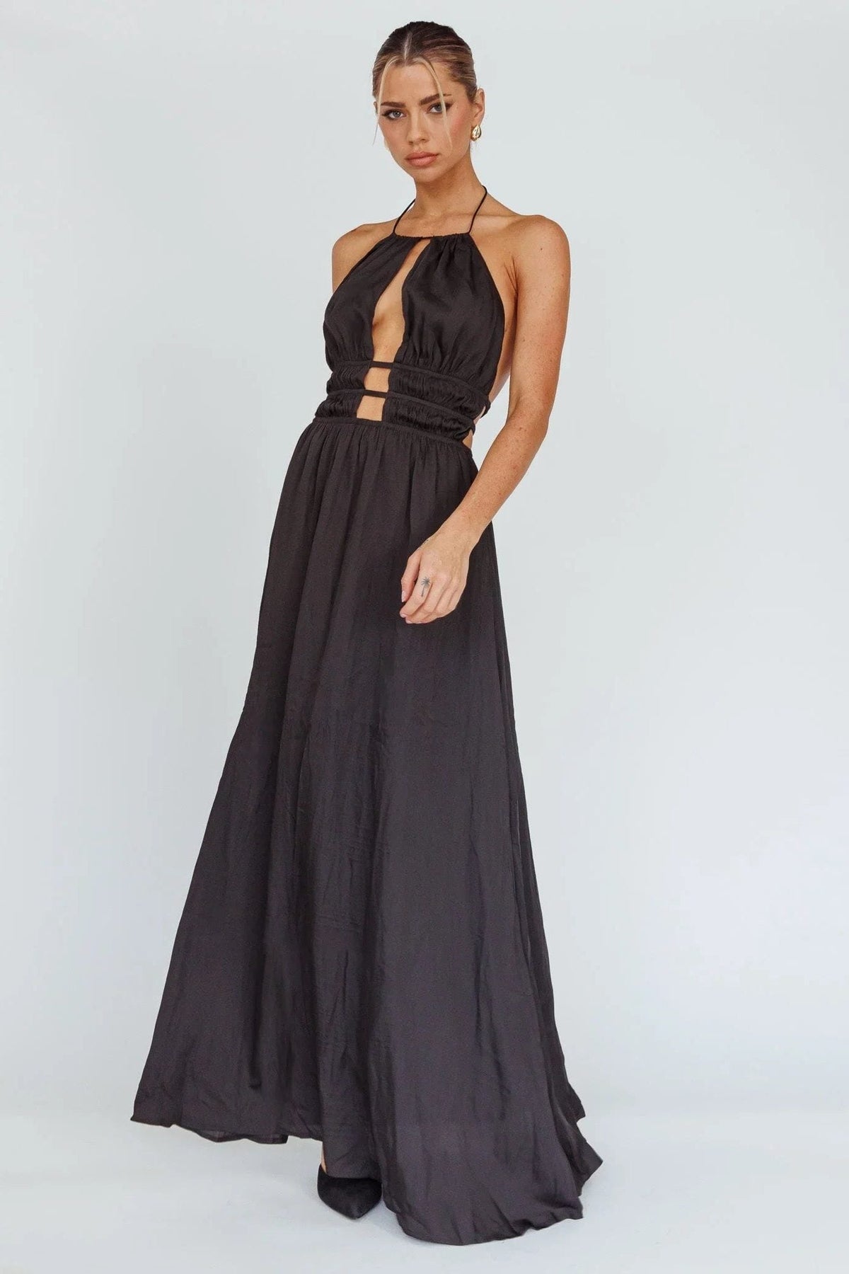 Women's Halterneck Maxi Dress with Front Cut-Out and Open Back - Maisie London