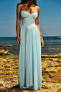 Women's Sky Blue Pleated Maxi Dress with Bustier Bodice - Maisie London