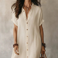 Women's Linen-Look Knee-Length Shirt Dress with Rolled Sleeves - Maisie London