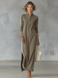 Women's Jersey Maxi Shirt Dress with Side Stripes and Split Hem - Maisie London