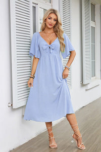 Women's Textured Flutter Sleeve Midi Dress with V-Neck and Tie Front - Maisie London