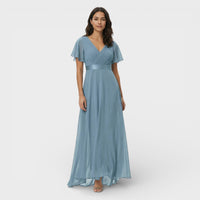Women's Chiffon V-Neck Maxi Dress with Flutter Sleeves and Pleats - Maisie London