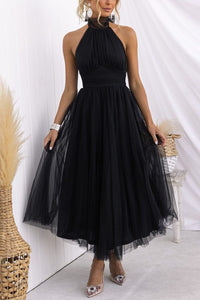 Women's Tulle Halterneck Midi Dress with Ruched Bust and Full Skirt - Maisie London