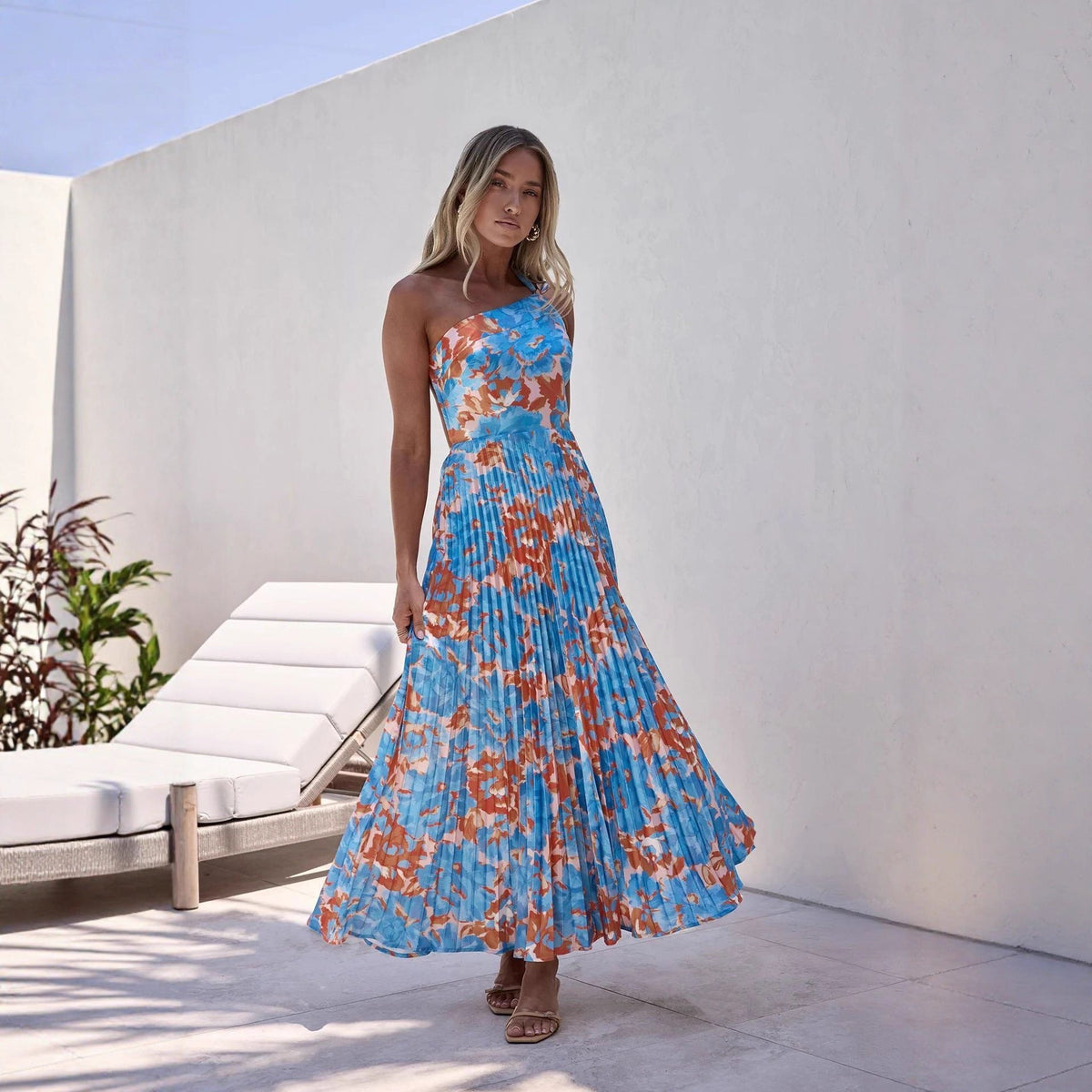 Women's Blue Floral Maxi Dress with One-Shoulder Pleated Skirt - Maisie London