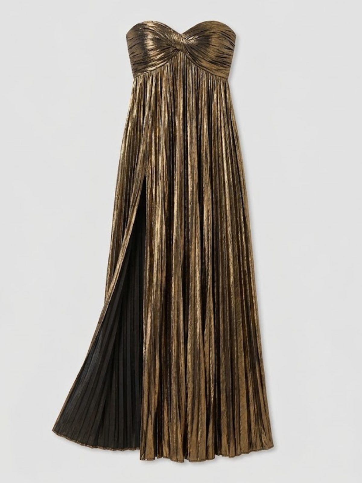 Women's Pleated Metallic Maxi Dress with Twist Front and Side Split - Maisie London