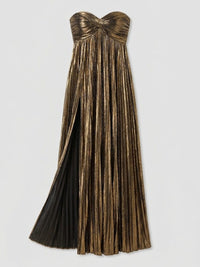 Women's Pleated Metallic Maxi Dress with Twist Front and Side Split - Maisie London