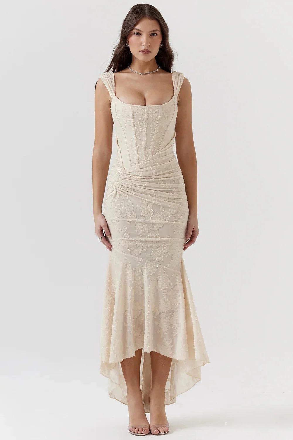 Women's Floral Jacquard Midi Dress with Ruched Waist and High-Low Hem - Maisie London