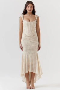 Women's Floral Jacquard Midi Dress with Ruched Waist and High-Low Hem - Maisie London