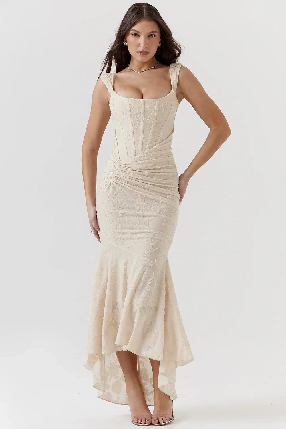 Women's Floral Jacquard Midi Dress with Ruched Waist and High-Low Hem - Maisie London