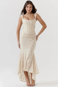 Women's Floral Jacquard Midi Dress with Ruched Waist and High-Low Hem - Maisie London