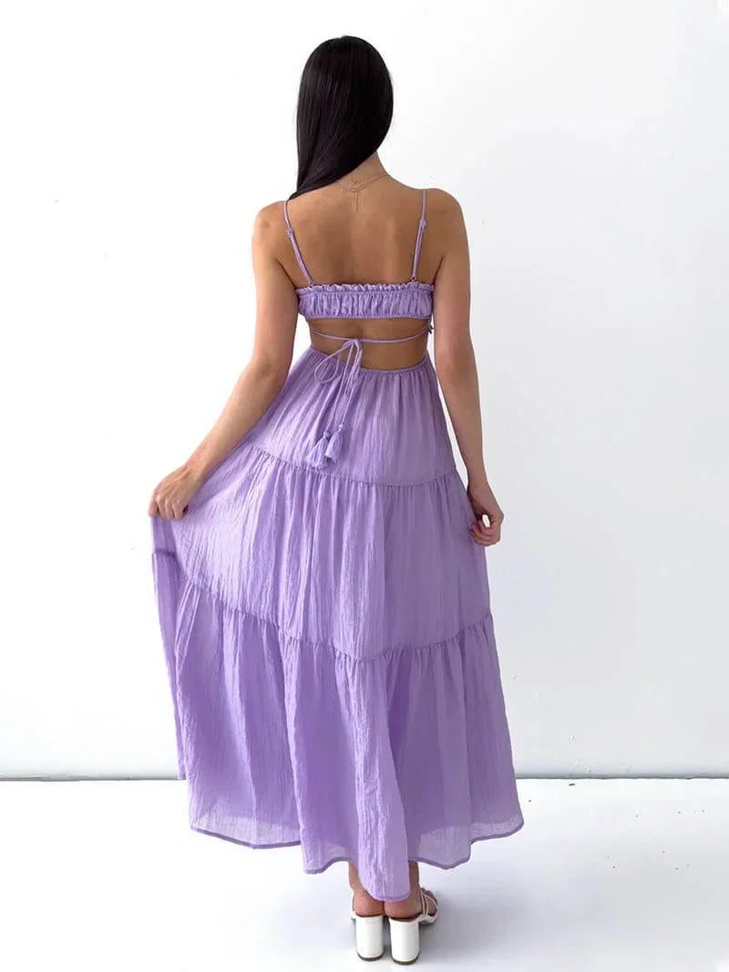 Women's Tiered Maxi Dress with Thin Straps and Cut-Out Waist - Maisie London