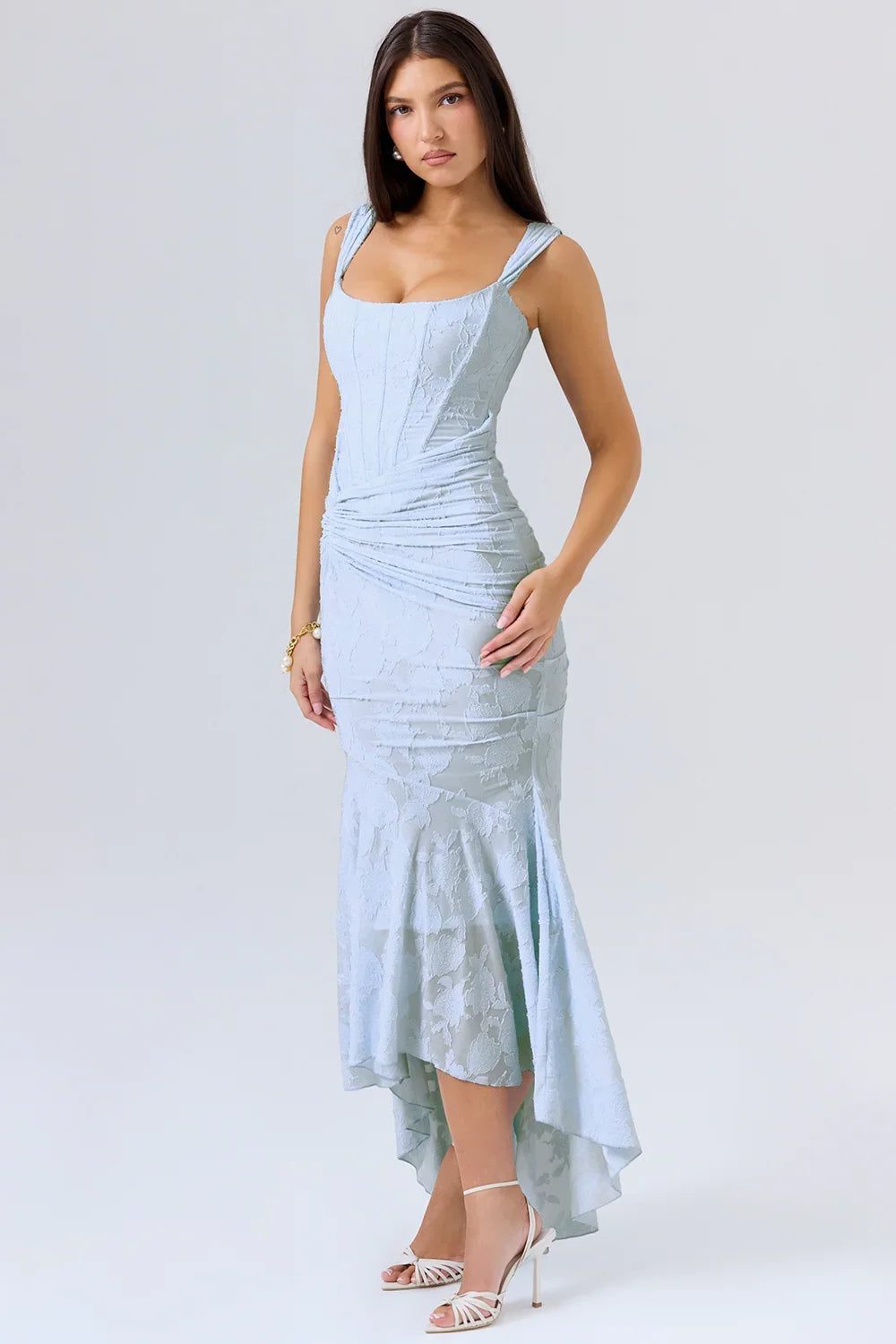 Women's Floral Jacquard Midi Dress with Ruched Waist and High-Low Hem - Maisie London