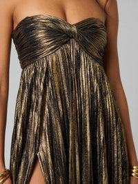 Women's Pleated Metallic Maxi Dress with Twist Front and Side Split - Maisie London