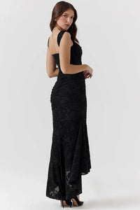 Women's Floral Jacquard Midi Dress with Ruched Waist and High-Low Hem - Maisie London