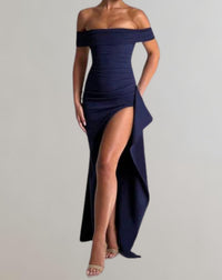 Women's Jersey Off-Shoulder Maxi Dress with High Split and Ruching - Maisie London