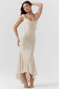 Women's Floral Jacquard Midi Dress with Ruched Waist and High-Low Hem - Maisie London