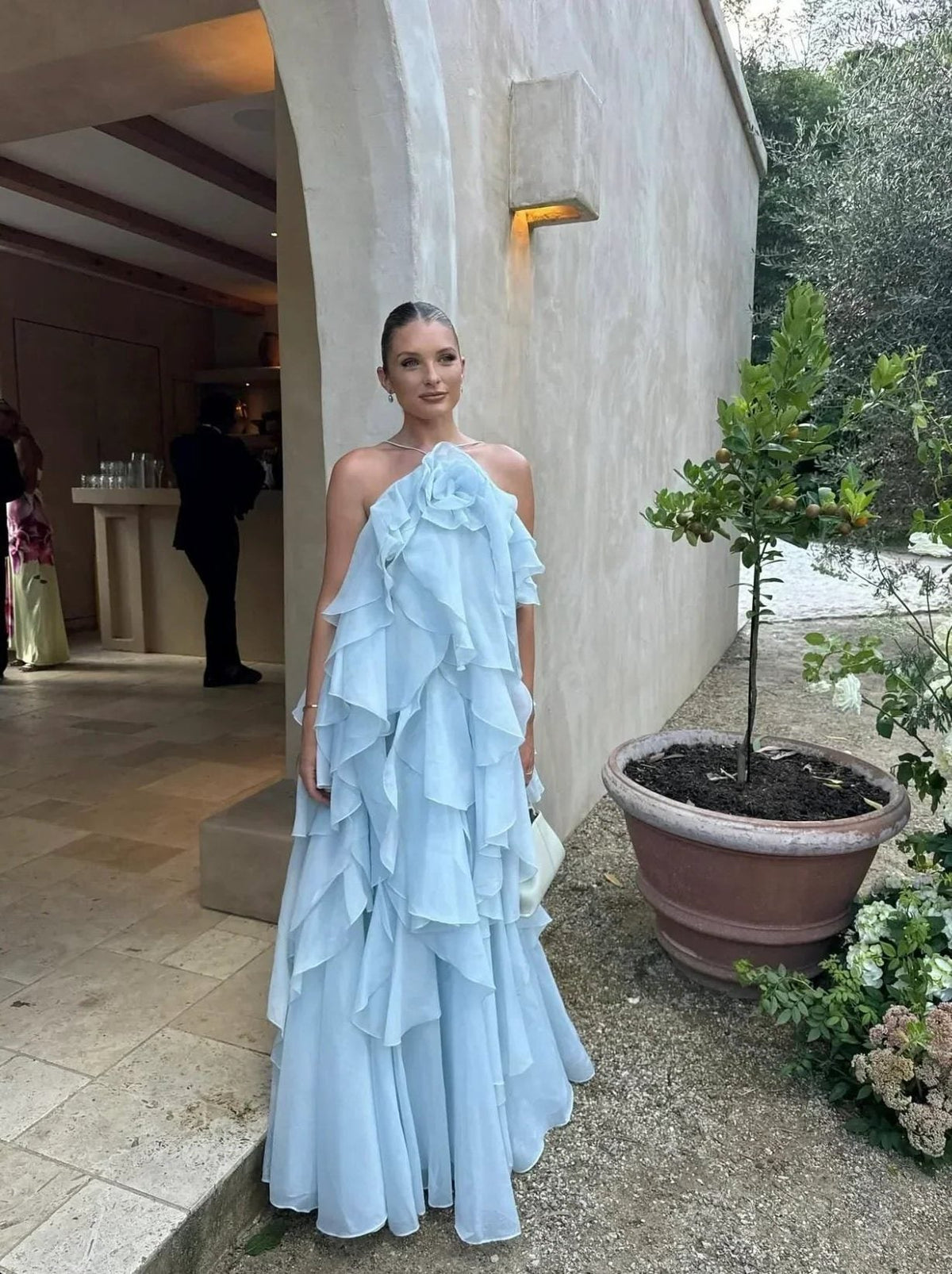 Women's Organza Ruffle Maxi Dress with Rose Corsage and Open Back - Maisie London