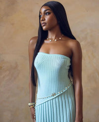 Women's Blue Ribbed Knit Strapless Maxi Dress with Chain Waist - Maisie London
