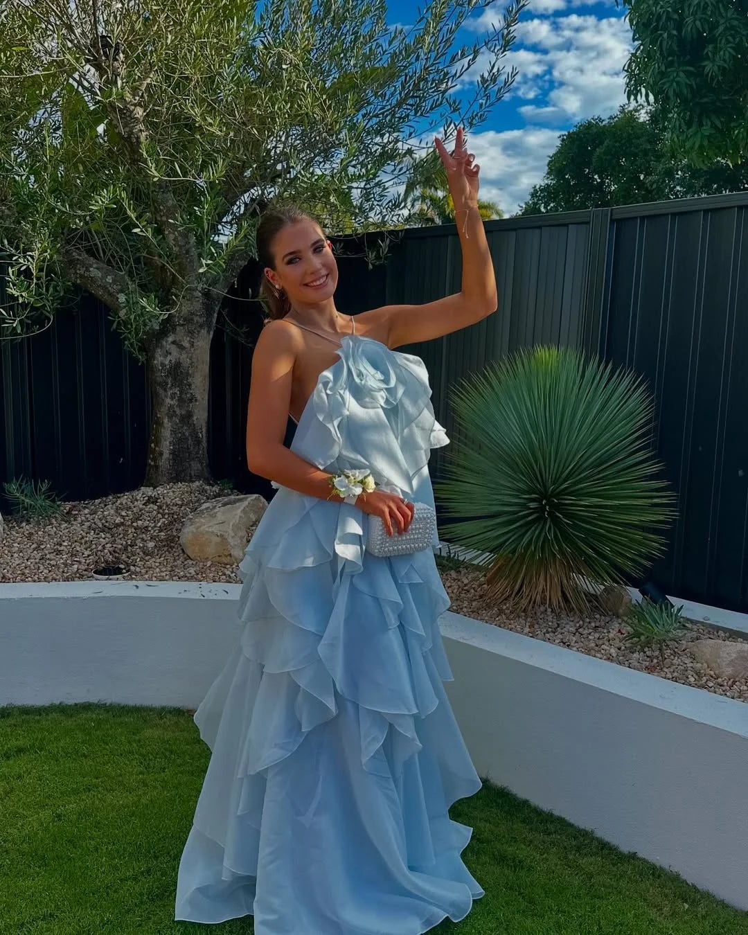 Women's Organza Ruffle Maxi Dress with Rose Corsage and Open Back - Maisie London