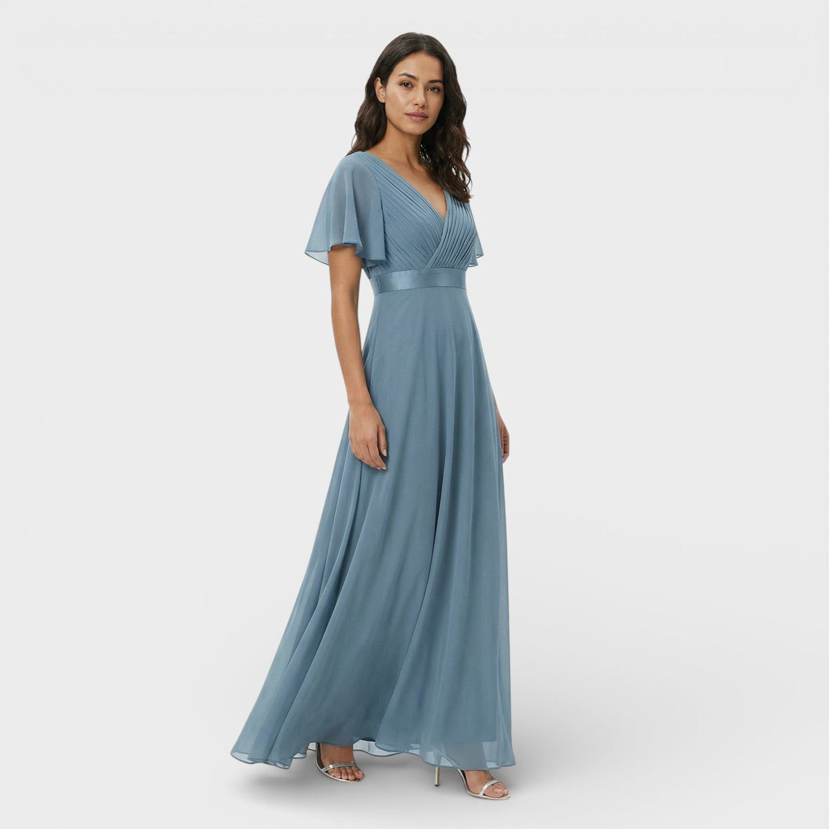 Women's Chiffon V-Neck Maxi Dress with Flutter Sleeves and Pleats - Maisie London