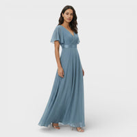 Women's Chiffon V-Neck Maxi Dress with Flutter Sleeves and Pleats - Maisie London