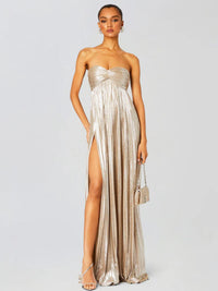 Women's Pleated Metallic Maxi Dress with Twist Front and Side Split - Maisie London