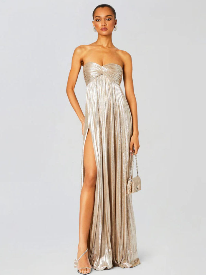 Women's Pleated Metallic Maxi Dress with Twist Front and Side Split - Maisie London