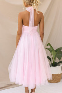 Women's Tulle Halterneck Midi Dress with Ruched Bust and Full Skirt - Maisie London