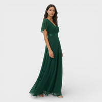 Women's Chiffon V-Neck Maxi Dress with Flutter Sleeves and Pleats - Maisie London