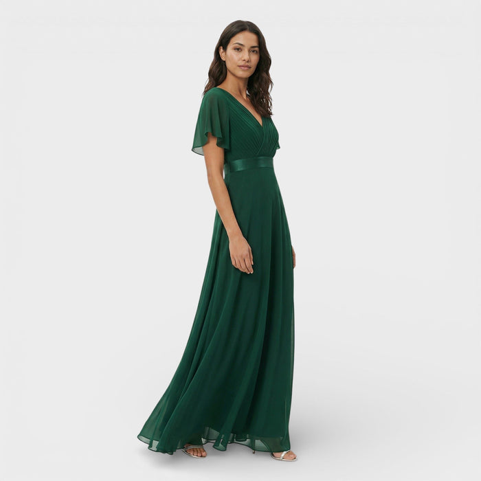 Women's Chiffon V-Neck Maxi Dress with Flutter Sleeves and Pleats - Maisie London