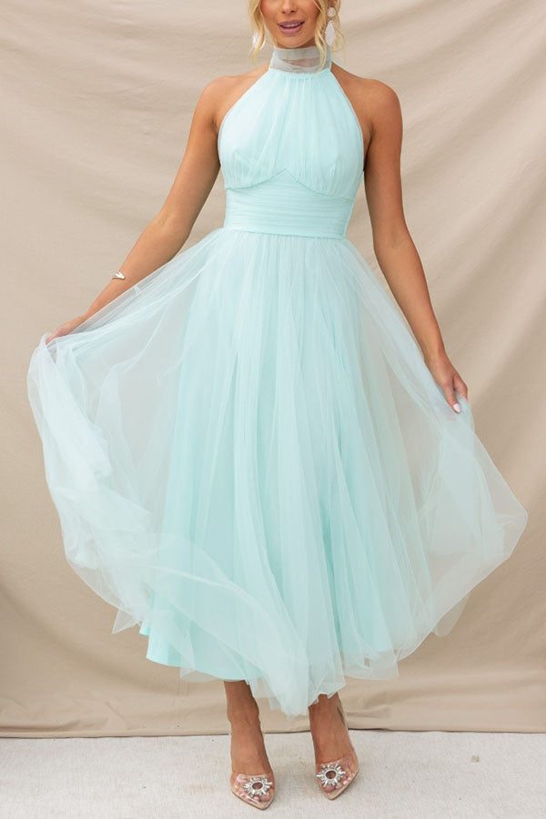 Women's Tulle Halterneck Midi Dress with Ruched Bust and Full Skirt - Maisie London