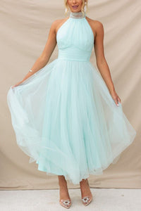 Women's Tulle Halterneck Midi Dress with Ruched Bust and Full Skirt - Maisie London