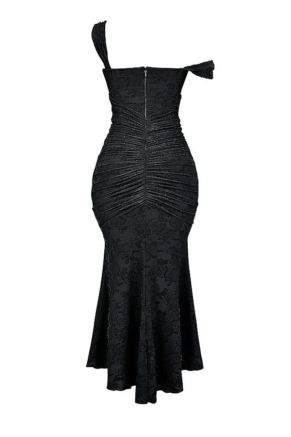 Women's Floral Jacquard Midi Dress with Ruched Waist and High-Low Hem - Maisie London