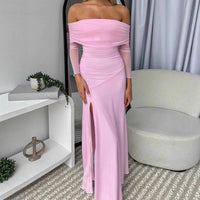 Women's Ruched Off-Shoulder Maxi Dress with Side Split - Maisie London