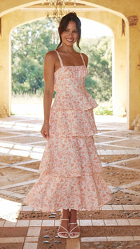 Women's Floral Tiered Maxi Dress with Square Neck and Tie Back - Maisie London